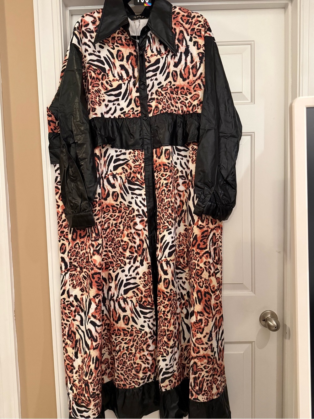 Leopard Print Long Dress with Black Faux Leather Trim - Women's   Dress Duster
